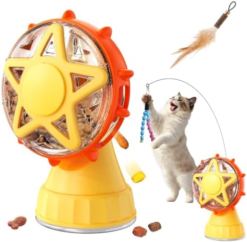 Interactive Cat Toy for Indoor Cats, Treat Dispenser with Reusable Adhesive Base, Feather & Plush Teasers for Exercise and Independent Play