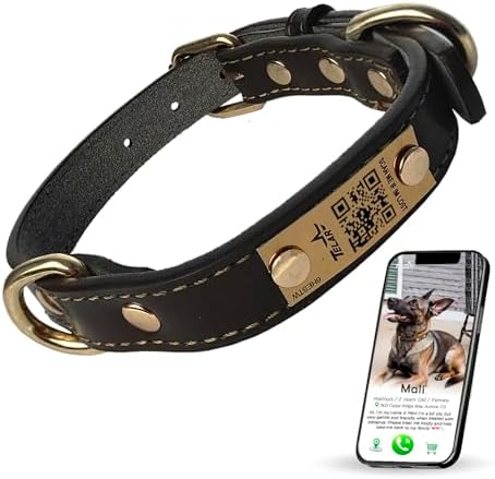 Personalized QR Code Dog Collar - Durable Genuine Leather Pet Collar with Engraved Smart ID Tag, Personalized Dog Collar with Name and Phone Number, Soft Padded Adjustable Neck Strap, Brown
