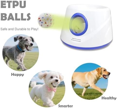 MEKAPLE Automatic Dog Ball Launcher, Upgraded Interactive Dogs Balls Thrower for Small Dogs, Distance Adjustable Mental Stimulating Dog Toys with 4 Durable Etpu Balls 2.2 Inch (Blue)