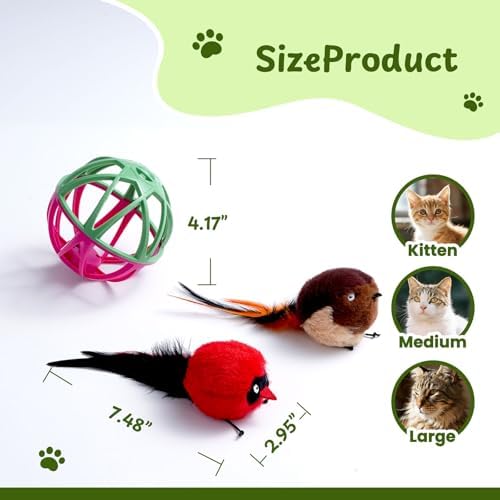 Cat Toys for Indoor Cats - Interactive Ball Cage Cat Toy with Realistic Bird Sounds & 2 Catnip Plush Toys, Motion-Activated Hunting Simulation Toy for Cats