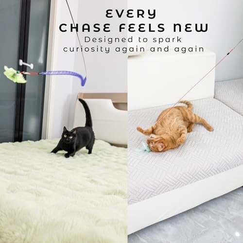 Cat Toys for Indoor Cats, Interactive Cat Wand Toy Set – 2 Retractable Wands with Wooden Handles, 9 Refills (Feathers & Worms) – 2 Mesh Tube Strings & 1 Elastic String for Cats and Kittens