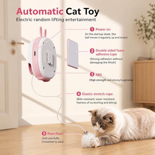 Interactive Cat Toys for Indoor Cats,Automatic Hanging Door Cat Teaser Feather Toy with 6 Accessories,2 Modes,Auto Pause & USB Rechargeable Electric Cat Chase Toy,Safe for Bored Adult Kitten-Pink2