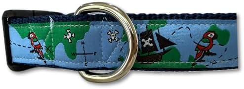 Pirate Dog Collar Large Handmade Nautical Pet Collar with Parrots Treasure Map and Pirate Ship Adjustable 15-22 Inch