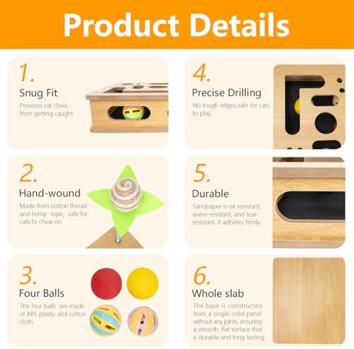 Cat Scratch Puzzle Enrichment Box,Clawcraft Wooden Cat Scratcher,No Assembly Required,Built-in Sandpaper Trims Your pet's Claws as They Play(Burlywood Color)