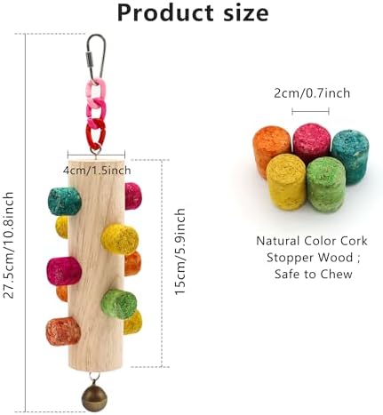 Cylinder Bird Chew Toy, Parrot Cork Stopper Toys Bird Swing Bell Hanging Wooden Puzzle Foraging Toys Small Bird Bite Perch Stand, Small and Medium Parrots (1 Pack-Cylinder Cork Stick)