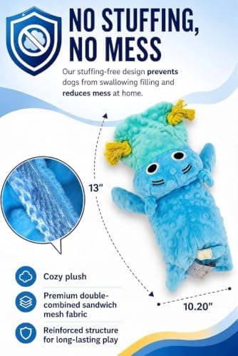 No Stuffing Interactive Plush Dog Toy with Hidden Toy Inside, Squeaky Soft Dog Toy for Small, Medium & Large Breeds, Blue Plush Hippo for Fetch, Play and Engagement, Gift Ready Box