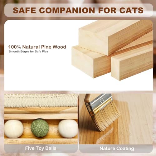 Cat Scratcher Toy with Ball Track, Kitten Interactive Toy, Natural Sisal Cat Scratch Pad for Indoor Cats, Sturdy Solid Wood Frame, Physical Exercise for Kitty & Medium Cat