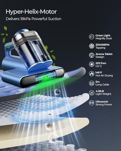 Teant Bed Mattress Vacuum, 18 kPa & Green Light Dust Detection, MV-Grey