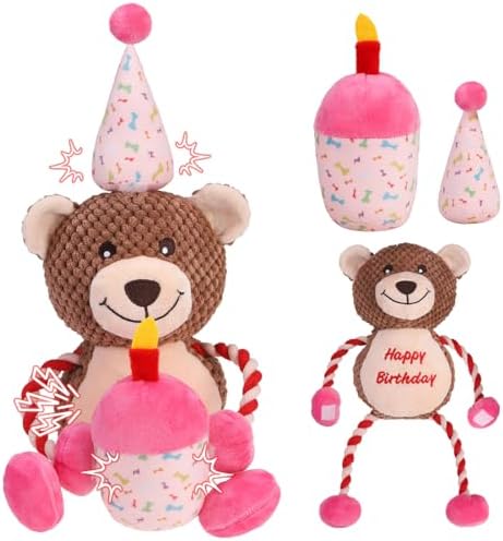 EXPAWLORER Squeaky Dog Birthday Toys - Durable Plush Dog Toy with Crinkle Paper,Chew Toys Soft Fabric for Small, Medium, and Large Dogs to Keep Them Busy,Training Reward, Pink Bear
