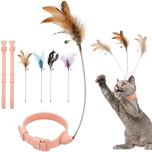 Sumind 6 Pcs Cat Collar Toy Attached with Feather Funny Interactive Cat Stick Wand Toys with Bell Adjustable Fun Kitten Teaser for Indoor Kittens and Small Animals Exercise Training