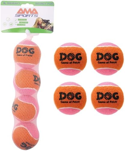 AMA SPORT Squeaky Tennis Balls for Dogs 2.5" Small Medium Dog Tennis Balls for Throwing and Fetching Dog Toys for Training, Exercise, High Bouncing 4 Pack (Orange Pink)