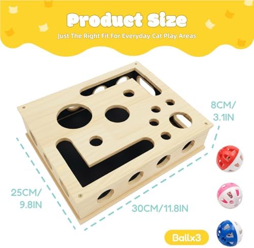 Cat Nail File Enrichment Box - Wooden Scratch & Puzzle Toy with 3 Bell Balls, Sandpaper Pad for Indoor Cat Claw Grinding, Mental Stimulation and Boredom Relief