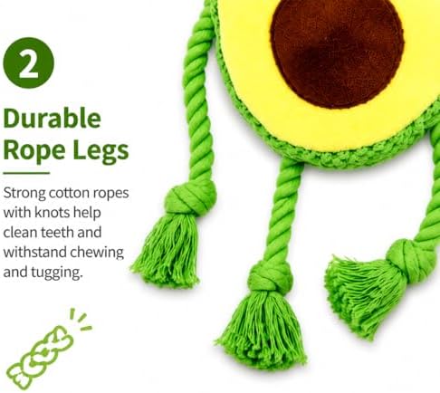 Avocado Squeaky Dog Toy with Rope Legs, Interactive Plush Dog Toy for Small Medium Large Dogs, Durable Tug and Chew Toy for Fetch, Boredom Relief, Mental Stimulation and Indoor Play