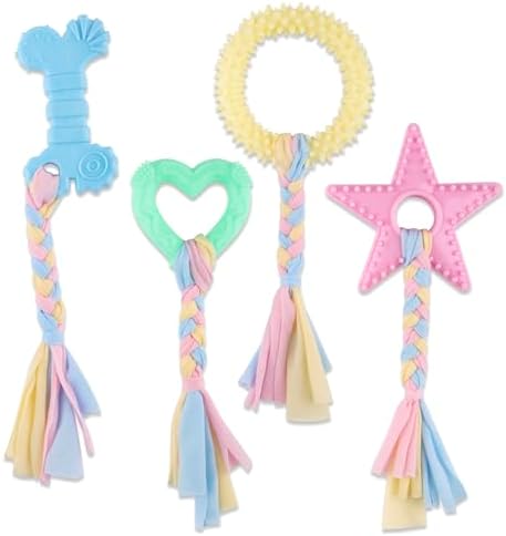 4 PCS Puppy Chew Toys for Teething Small Breed, Puppy Teething Ring, Soft Rubber Durable Dog Teething Toys, Rope Dog Toys, Funny Interactive Toy, Puppy Toys for Small Puppies, Dog Toys Set (Style 12)