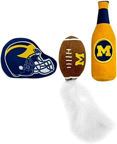 BEST PLUSH CAT TOY NCAA MICHIGAN WOLVERINES Complete Set of 3 piece Cat Toys filled with Fresh Catnip. Includes: 1 Helmet Cat Toy, 1 Football Cat Toy with Feathers & 1 Beer Bottle. Beautiful Team LOGO