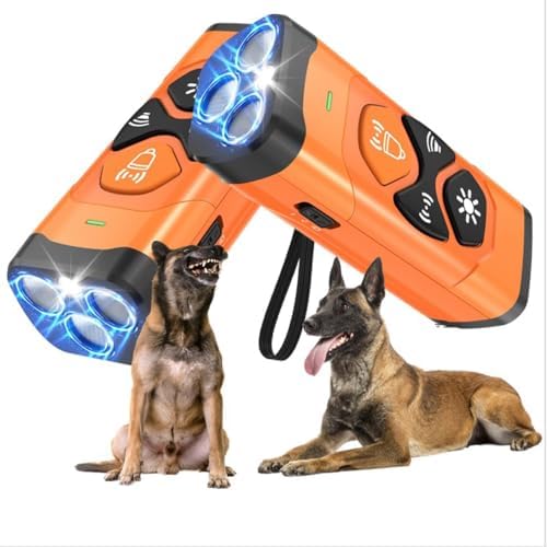 Ultrasonic Dog Bark Deterrent Device – 3X Emitter Rechargeable Anti-Bark Control (25ft Range) with Auto Mode & LED Flashlight, Orange