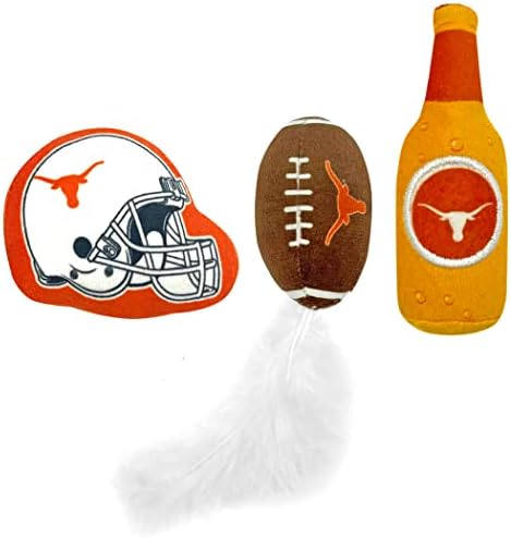 Best Plush CAT Toy - NCAA Texas Longhorns Complete Set of 3 piece Cat Toys Filled with Fresh Catnip. Includes: 1 Helmet Cat Toy, 1 Football Cat Toy with Feathers & 1 Beer Bottle. Beautiful Team Logos