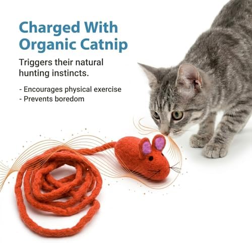Glaciart One Felt Mouse Cat Toy – Soft Fuzzy Enrichment 100% Natural Wool - Interactive Catnip Play Cat Toy Set - Safe for Pets, Non-AZO Colored Dyes - 100” Long