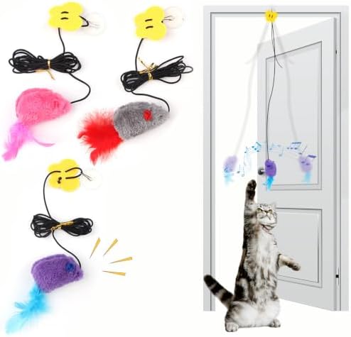 Hanging Door Cat Toy with Elastic String, Interactive Cat Toys for Indoor Cats, Retractable Door Hanging Cat Teaser with Bell/Feather/Plush (Plush Mouse 3 Pack)