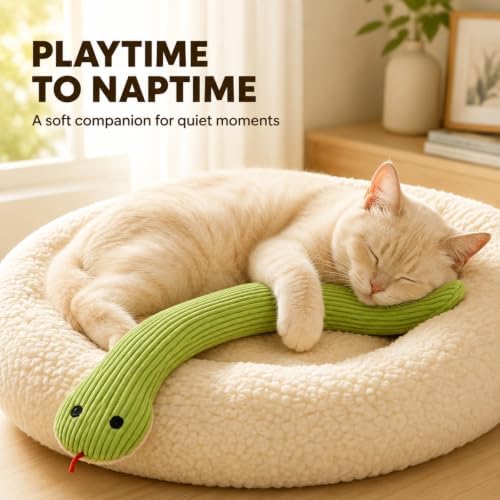Green Plush Snake Shaped Cat Interactive Accessory with Crinkle Paper, Durable Indoor Feline Activity Supply for Household Cats