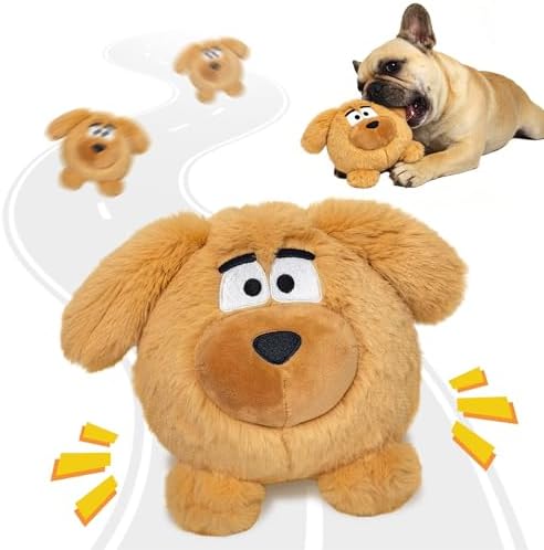 Moving Dog Ball, Jumping Squeaky Interactive Dog Toys, Plush Chew Toys for Small/Medium/Large Dogs, USB Rechargeable (Brown)