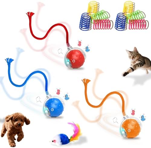 3-Pack Interactive Cat Toys Ball for indoor Cats＆Dog,Automatic Cat Toy with Smart Obstacle Avoidance & Bird Chirps,Includes 8 Cat Spiral Spring,Cat Enrichment Toys for Indoor Cats(Red Blue Orange)