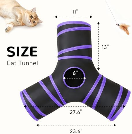 Tempcore Cat Tunnel, 3-Way Collapsible Toy for Indoor Cats, Black & Purple