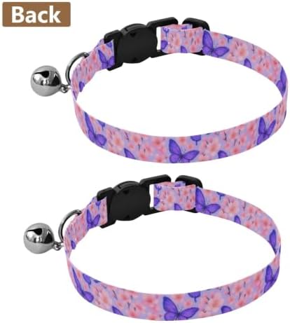 Purple Blue Butterflies Lavender Decorative Pet Collar with Bell 2 Pack Kitten Collar Adjustable Length 10.6" to 17.1"