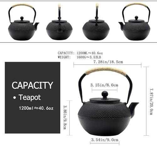 Cast Iron Teapot, 40.6oz Japanese Tetsubin Tea Kettle for Stovetop Safe, Black Tea Kettle with Infuser for Loose Leaf, Tea Pot with Enameled Interior, Gift for Tea Lovers