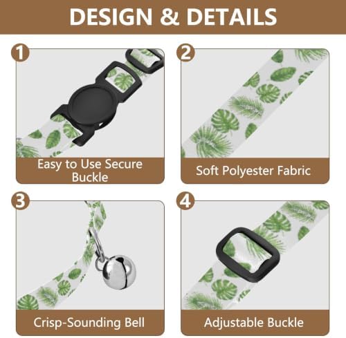 2 Pack Pet Collar Green Tropical Leaf Cat Bell Collar, Adjustable Length 10.6" to 17.1"