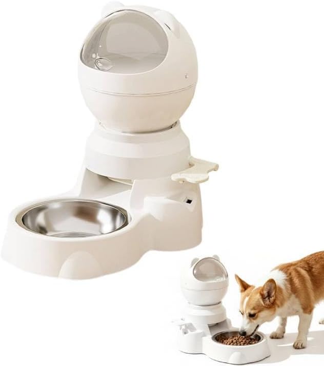 Automatic Gravity Pet Feeder Dispenser,Treat Dispenser with Button for Slow Feeder,Dog Waterer and Food Feeder for Cats Dogs (White)