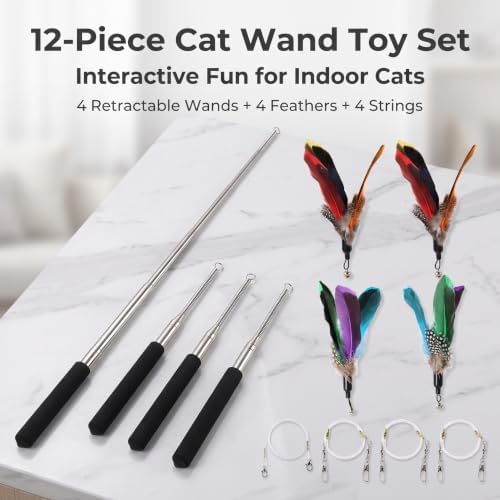 Cat Wand Attachments - Colorful Natural Feather Cat Toy Refills with Bells, Feather Wand Cat Toys for Compatible Teaser Wands (4feather+4wand)