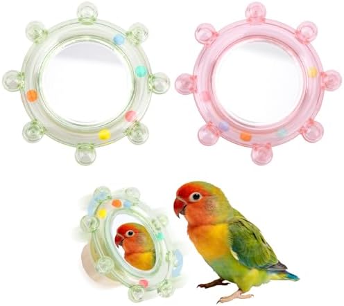 2pcs Bird Mirror Toy for Cage, Rotating Bird Mirror with Rustling Balls Embedded Interactive Birdcage Hanging Pet Accessories for Parakeet Budgie Lovebird Canaries Conures Perch Cockatiels