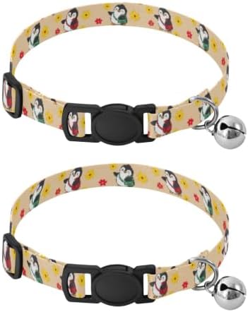 2 Pack Kitten Collars Cute Cartoon Penguins Puppy Collar with Bell, Adjustable Length 10.6" to 17.1"