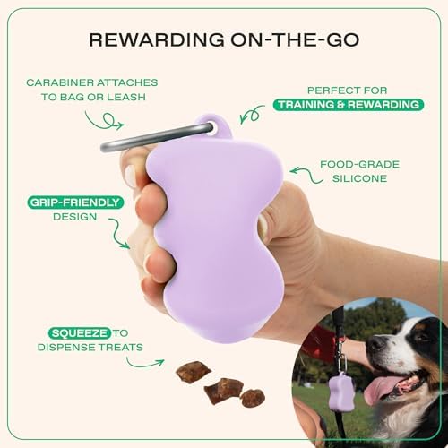 Springland Silicone Dog Training Treat Pouch for Leash, Lilac | One-hand squeeze dispenser, food-grade silicone, BPA-free, carabiner included, easy-fill holder for rewards on the go