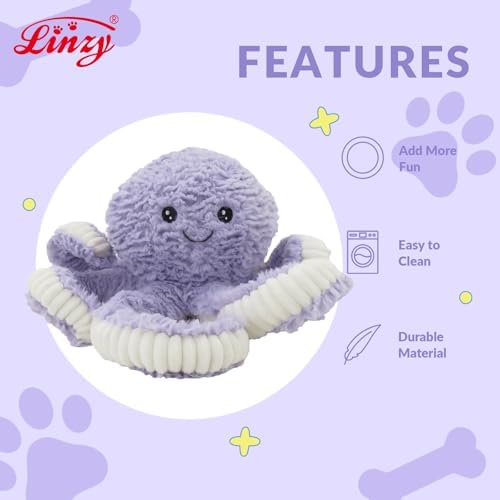 Linzy Plush Octopus Dog Toy, Soft Crinkle Squeaky Chew Toy for Small Medium Large Dogs, Purple and White Tentacles, Interactive Pet Toy, 18 Inch