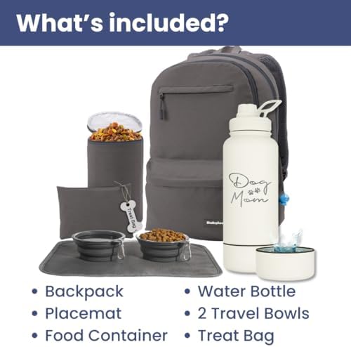Rubyloo The Original Doggy Bag Backpack (Dark Grey) & 32 oz Insulated Water Bottle with Attached 8 oz Bowl (Dog Mom) – Dog Travel Backpack & Hydration Set