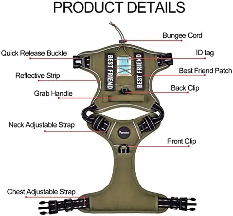 Petmolico No Pull Dog Harness, 2 Leash Clips Tactical Dog Harness Soft Padded Reflective Service Dog Vest with Dog Treat Pouch for Outdoor Walking Training, Army Green Medium