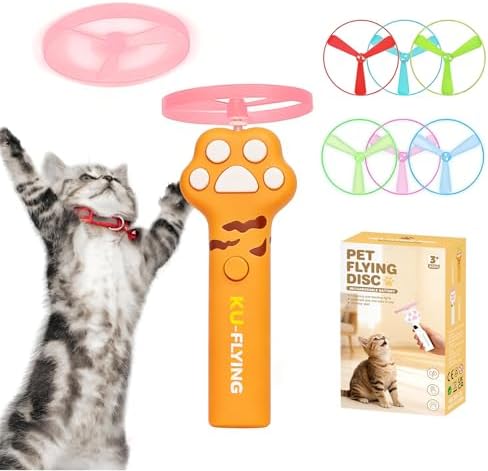 Cat Fetch Toy Launcher, Flying Disc Launcher with Rechargeable & 6 Soft Flying Discs (3 Glow), Easy Use Interactive Toys for Indoor Adult Cats & Kittens for Enrichment