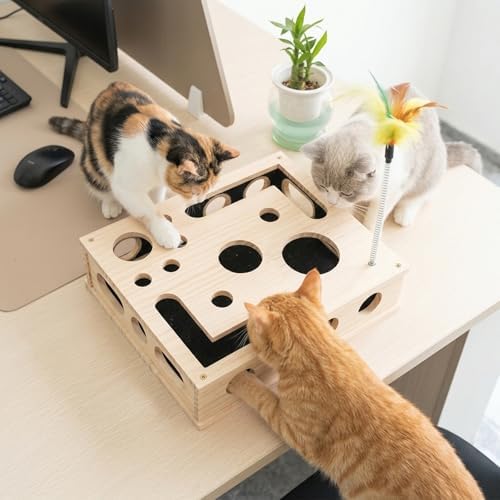 3-in-1 Cat Amazing Puzzle Box, Interactive Foraging Hunt & Cat Nail File Device with 1 Feather Wand & 3 Bell Balls, Wooden Enrichment System for Indoor Cats to Scratch, Play & Exercise