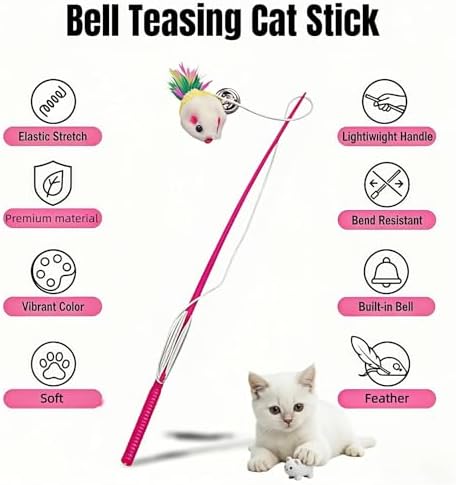 4-Pack Cat Wand Toys with Bells – Interactive Feather Teaser Wands for Indoor Cats & Kittens, Colorful Plush Mouse Lure, 11.8 Inch Fishing Pole Design for Exercise, Hunting & Boredom Relief