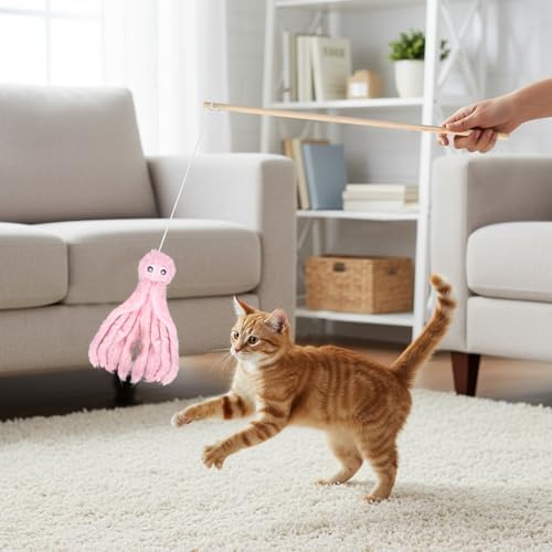 2-Pack Cat Toy Wand Set: Interactive Cat Teaser Wands with Bells and Streamers to Engage Your Cat’s Natural Instincts (Dog and Octopus)