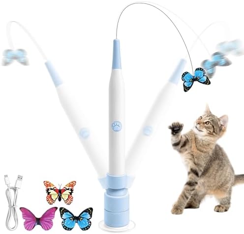 Rechargeable Automatic Cat Toy with Suction Cup, Interactive Cat Toys for Indoor Cats, Butterfly Teaser Wand for Bored Kittens, Self Play Exercise Toy