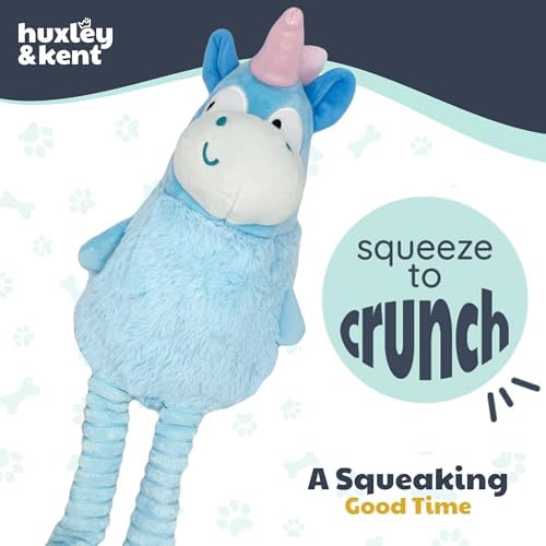 Huxley & Kent Funny Dog Toy w/Squeaker – Power Plush Squeaky Dog Toys for Small, Medium & Large Dogs – Soft Stuffed Animal for Indoor Play & Fetch - Squeak to Crunch - Lankies Luna Unicorn, Large