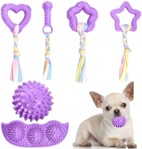 ABRRLO 6 Pack Puppy Teething Toys Cute Purple Puppy Chew Toys for Teething Small Breed Dog Chew Toy Interactive Pet Toy Set for Puppies to Keep Them Busy Soft Durable Small Breed Doggy Chewing Ball
