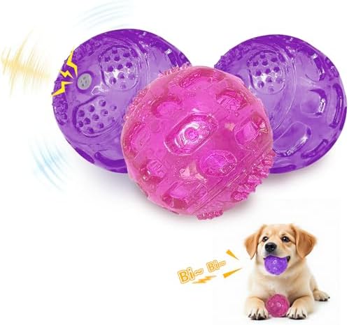 RICHIE Ultra Durable Squeaky Dog Balls 3 Inch for Large Medium Dogs, Tough Chew Toys for Aggressive Chewers, Floating Fetch Balls for Pool Play, Teeth Cleaning Dog Toys 3 Pack Red + Purple + Purple
