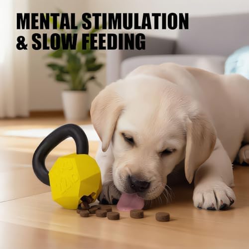MECOOL Indestructible Dog Toy for Aggressive Chewers - Heavy Duty Chew Ring with Durable Nylon and Treat Dispenser Rubber Base, Interactive Food Puzzle Dog Chew Toy,Medium Yellow for Puppy
