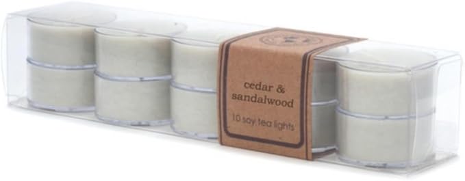 Eco Candle Co. Cedar & Sandalwood Tea Light Candles, 10-Pk, 9 Hr Burn Time | Scents of Fresh Ozone, Lily, Cedarwood & Sandalwood - Recyclable, No Lead, Hand Poured, .6 oz. Each