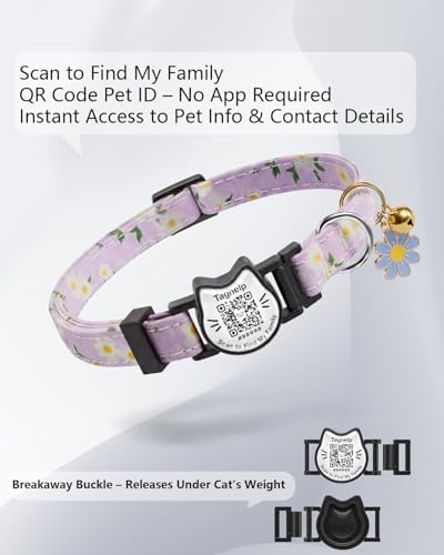Cute Floral Breakaway Cat Collar with QR Code ID Tag, Soft Cotton Adjustable Kitten Collar with Bell, Personalized Scan ID for Cats, Daisy Pattern, Flower Pendant(Purple)
