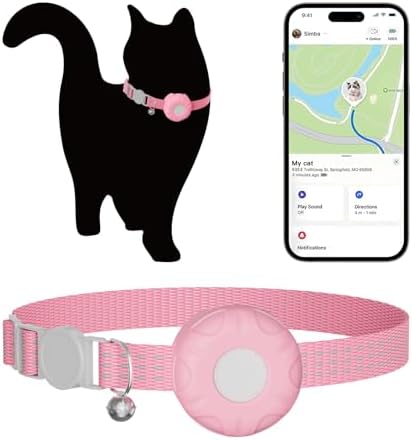 Cat Tracker, GPS Tracker, Pet Tracker Compatible with Apple Find My App(Only iOS), Waterproof Cat Trackers Collar with Bell and Safety Elastic Buckle,No Monthly Fee, Smart Alerts, Pink